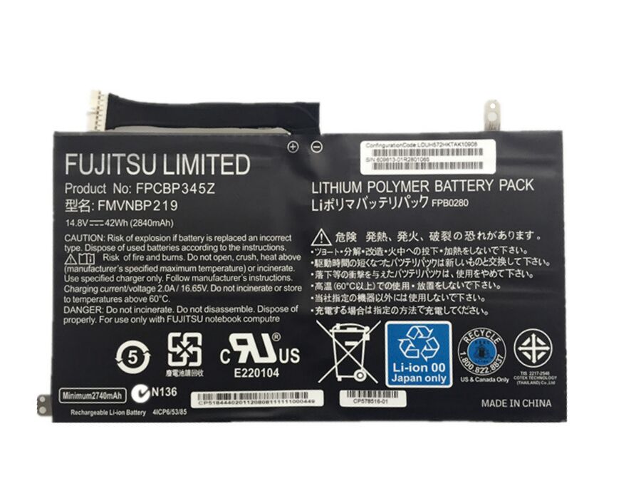 42Wh 2840mAh Fujitsu FMVNBP219 FPCBP345Z FPB0280 Akku